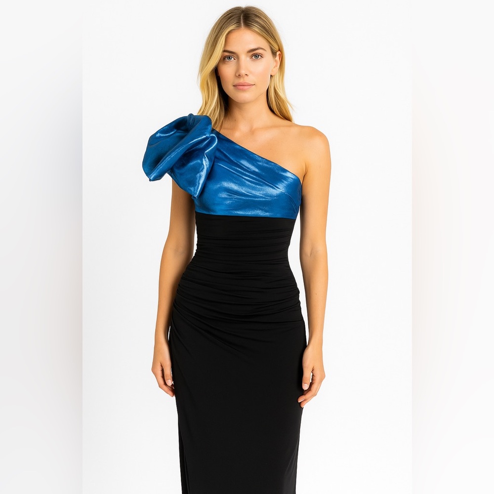 Paule Ka Jersey Knit One Shoulder Dress with Metallic Blue Bodice and Bow Detail